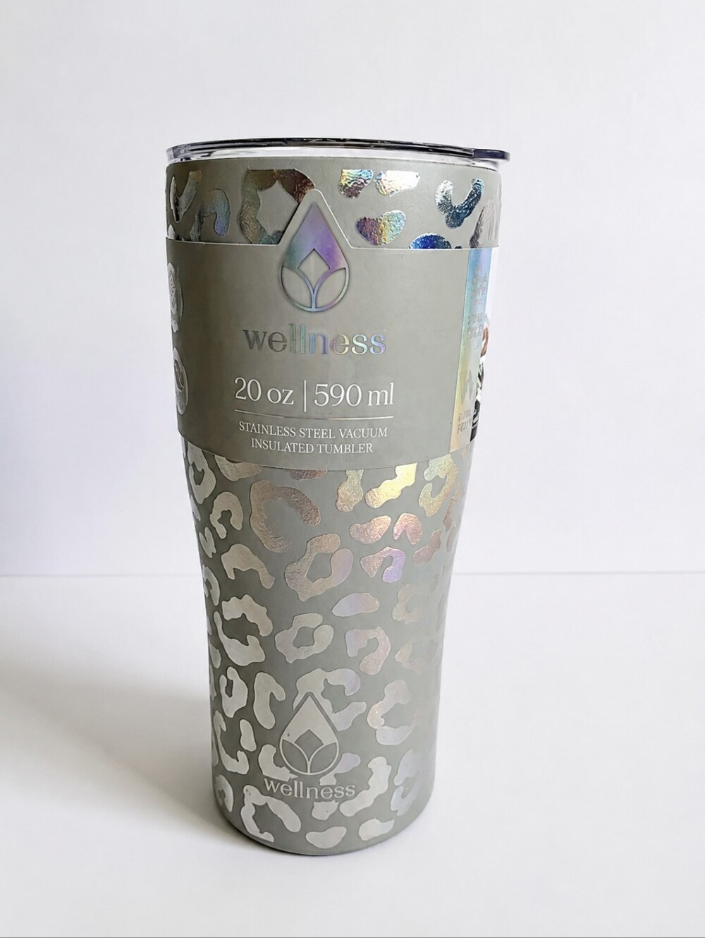 NWT Wellness Stainless Steel Leopard Travel Tumbler Silver Gray Sz 20 oz